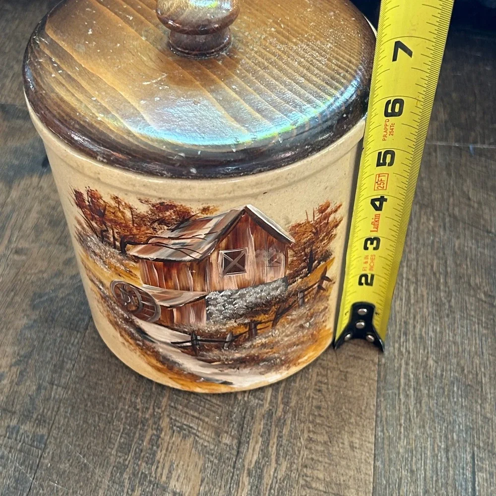Vintage RRP Co Roseville Ohio Stoneware Canister with Wood Lid Water Mill Barn